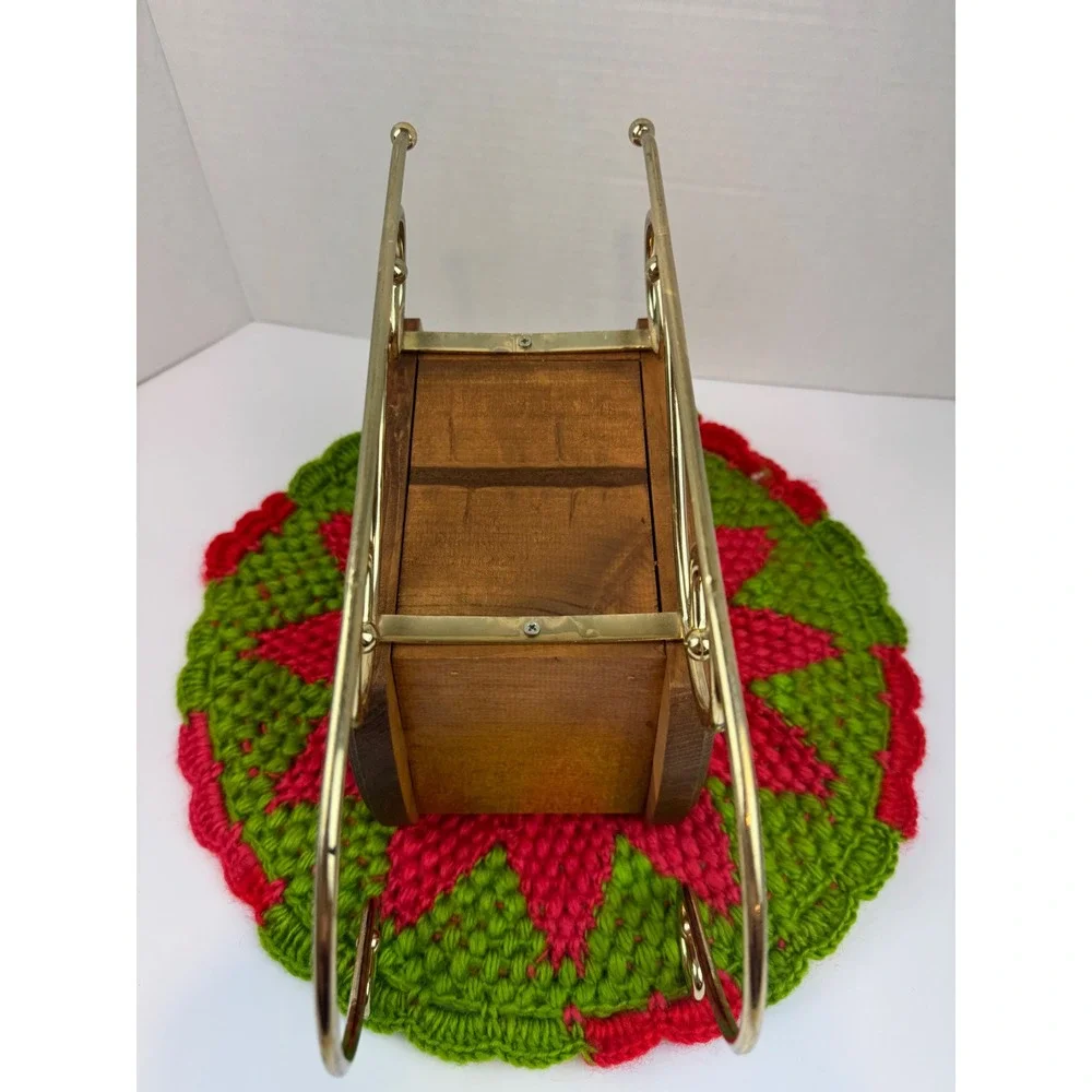 Vintage Wooden Christmas Sleigh Decor Gold Metal Runners Holly Hand Painted 9